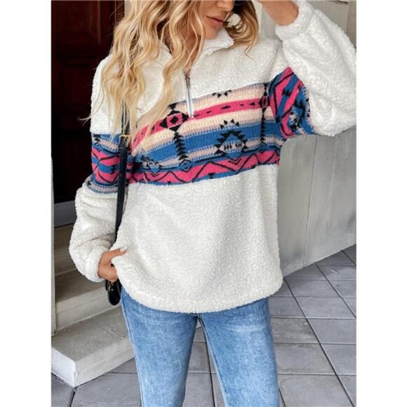 Cozy Sherpa Geometric Quarter Zip Sweatshirt - Picture 4 of 5